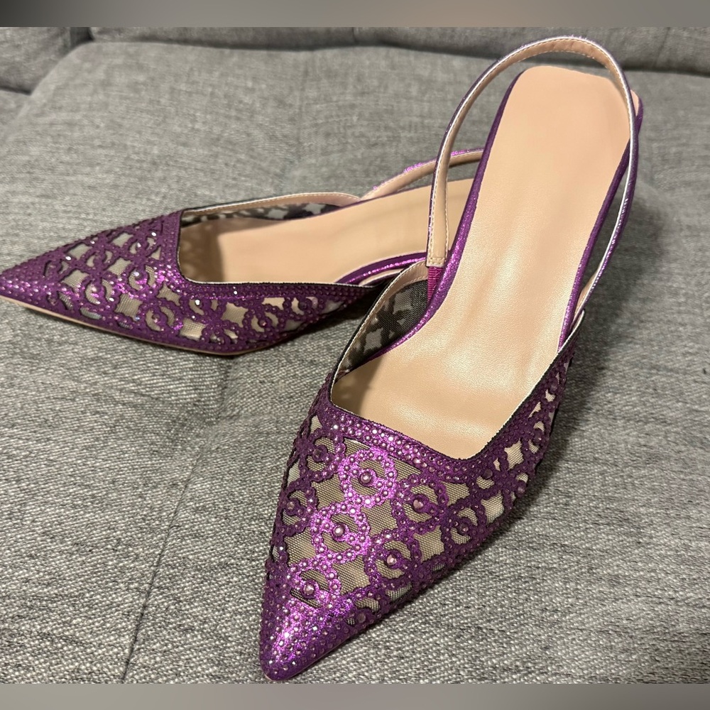 NIB Purple Rhinestone Decorated Kitten Heel Slingback Sandal, Size 39 (US 8-8.5) - Picture 7 of 10
